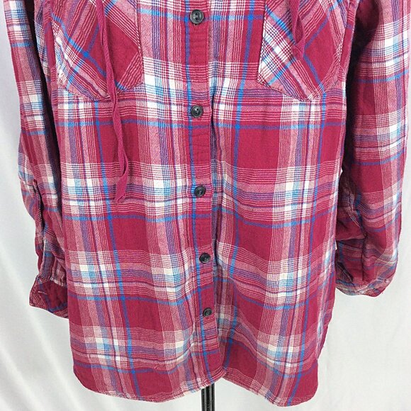 Boston Traders Hoodie Button Down Top Womens XL Plaid Roll Tab Sleeves DAMAGE - Picture 8 of 13